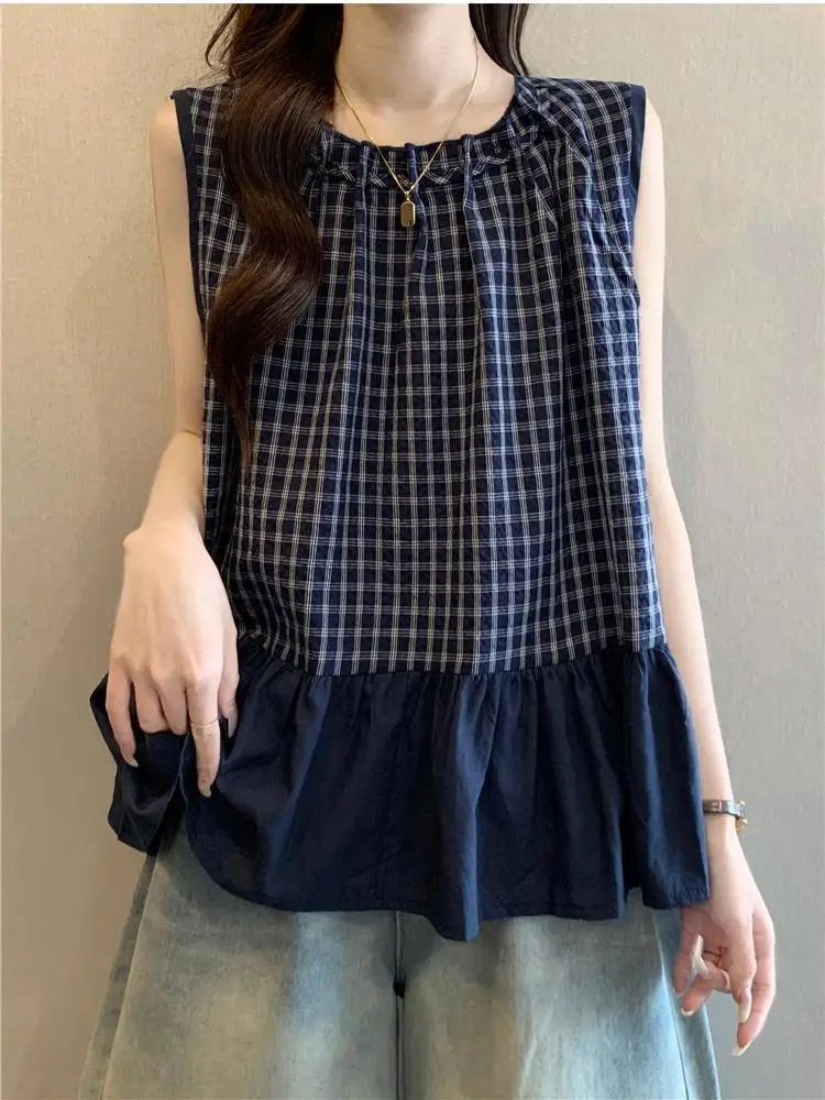 Colete Solto Feminino Xadrez Azul com Alças, Roupa de Verão Plus Size para Mulheres Gordinhas, Top Fofo de Renda Estilo Boneca, Comprimento Regular para o Dia a Dia