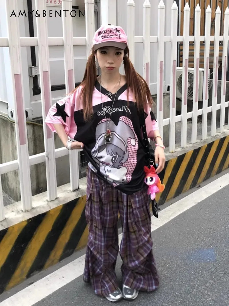 

Japanese Black Pink Contrasting Color Cartoon Printed Short-sleeved Jersey Summer Y2K Hot Loose Casual Top T-shirt For Women