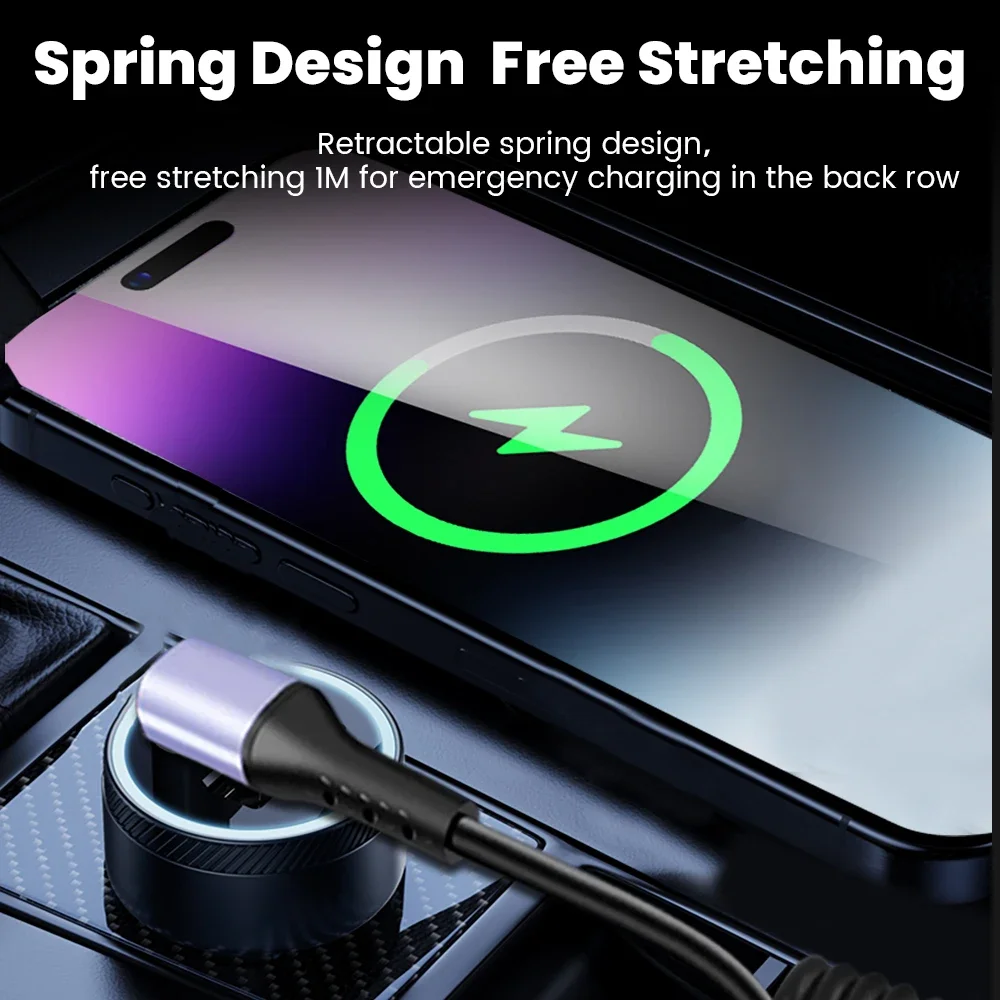 Car Spring Retractable Cable 66W Fast Charging Wire USB C TO USB C Cable For iPhone 15 Huawei Xiaomi Samsung USB Type C Cable