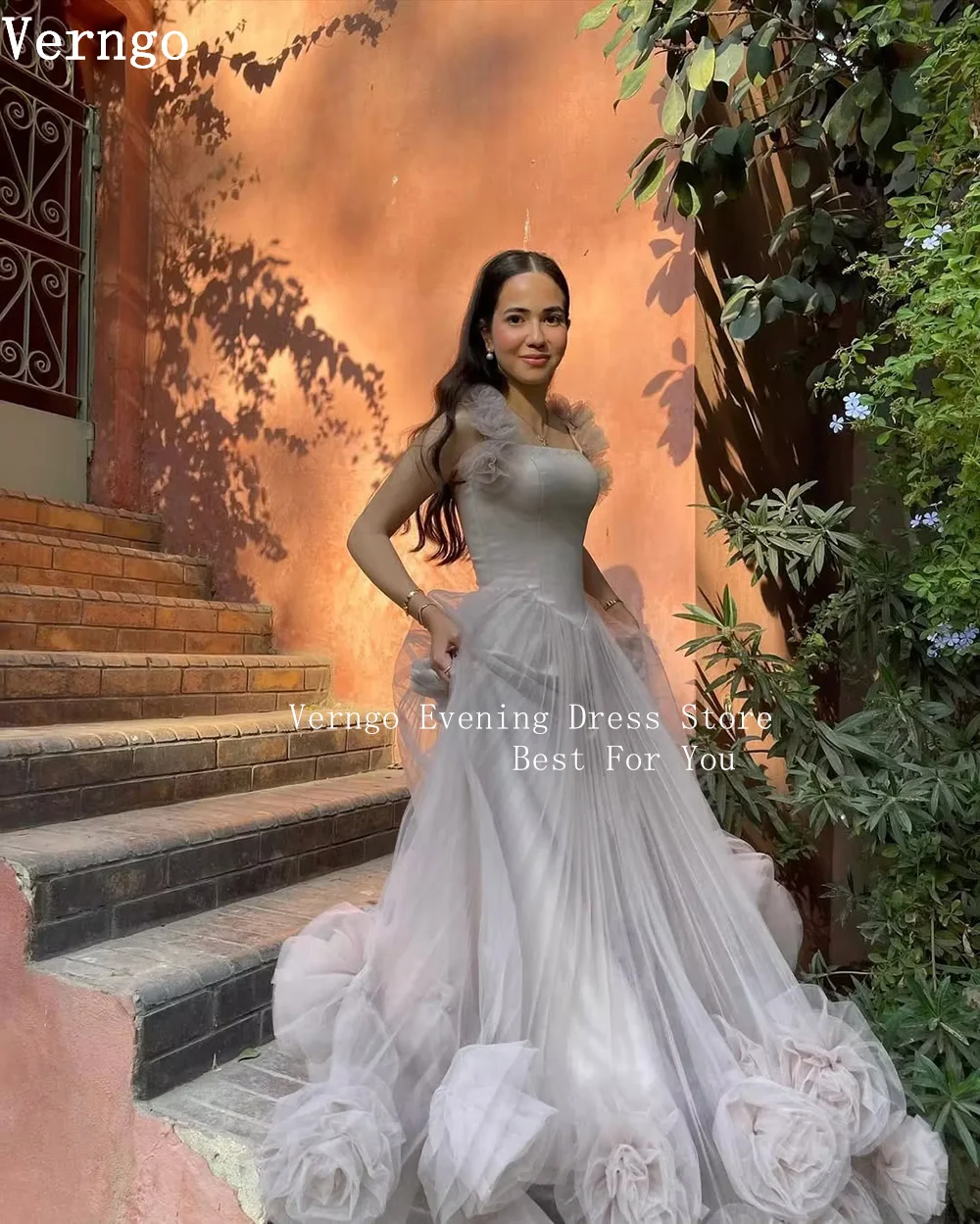 Verngo Gray Tulle Evening Dress Spaghetti Strap A Line 3D Flower Prom Party Dress Elegant Arabic Formal Prom Gown Customized