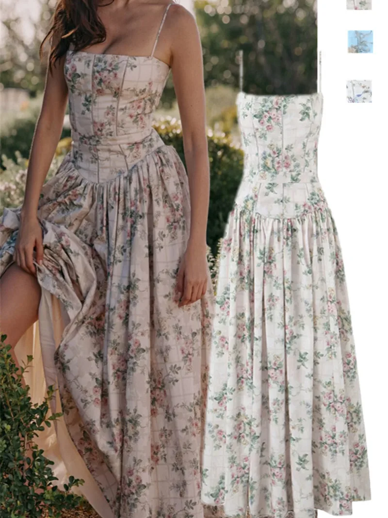 Długa spódnica damska w kwiatowy wzór, z ramiączkami, designerska, letnia, w stylu europejskim, na wiosnę i jesień...