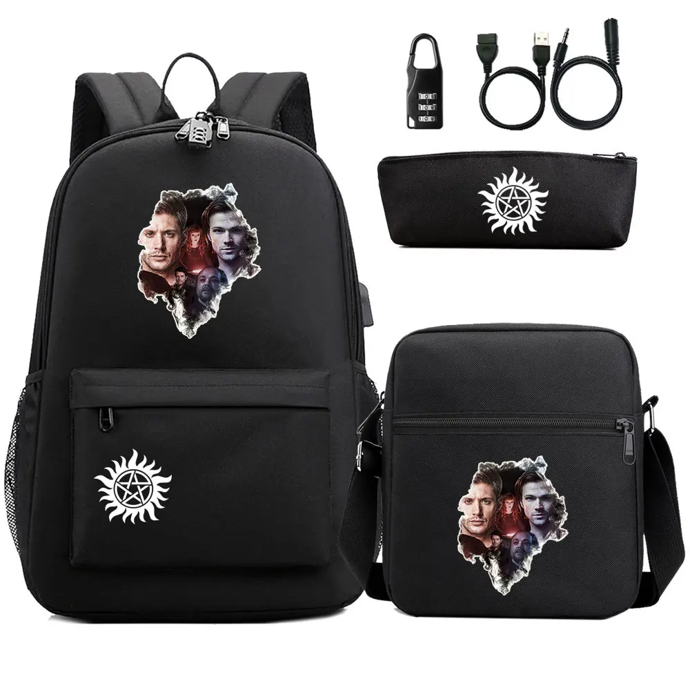 Supernatural 3Pcs USB Anti-theft Lock Student Back To School Book Bags Boys Girls Kids Backpack Shoulder Bag Pencil Case Set