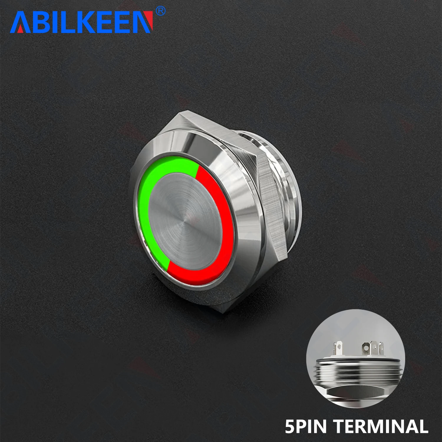 ABILKEEN 16MM Ultra-Thin Metal Push Button Switch with Red+Green Bi-Color LED Ring Light 1NO Momentary Push Button DC 6V/24V