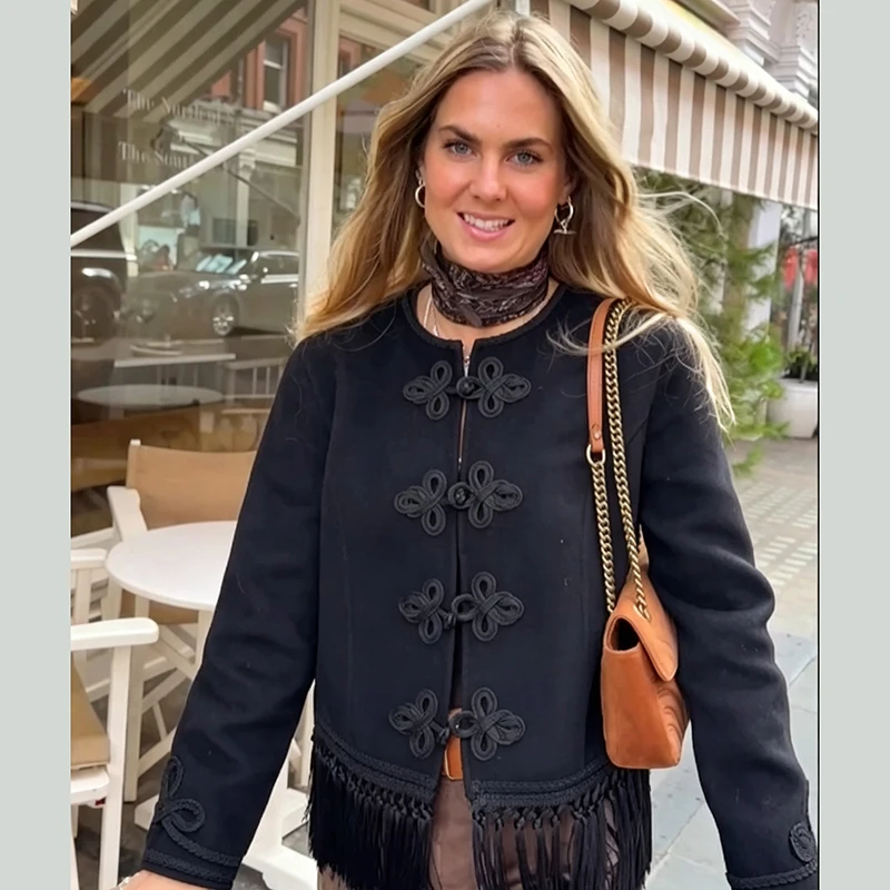 Women Chinese Knot Button Fringe Cropped Jacket Round Neck Long Sleeve Coat Tassel Hem Long Sleeve Short Vintage Outerwear