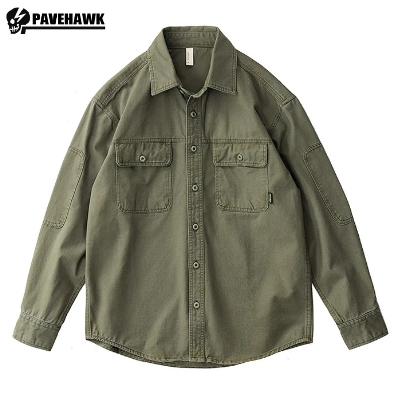 

Mens Cargo Shirt Outdoor Casual Elasticity Cotton Tooling Long Sleeves Tops Loose Thicken Washed Retro Shirt Jacket Heavy Weight