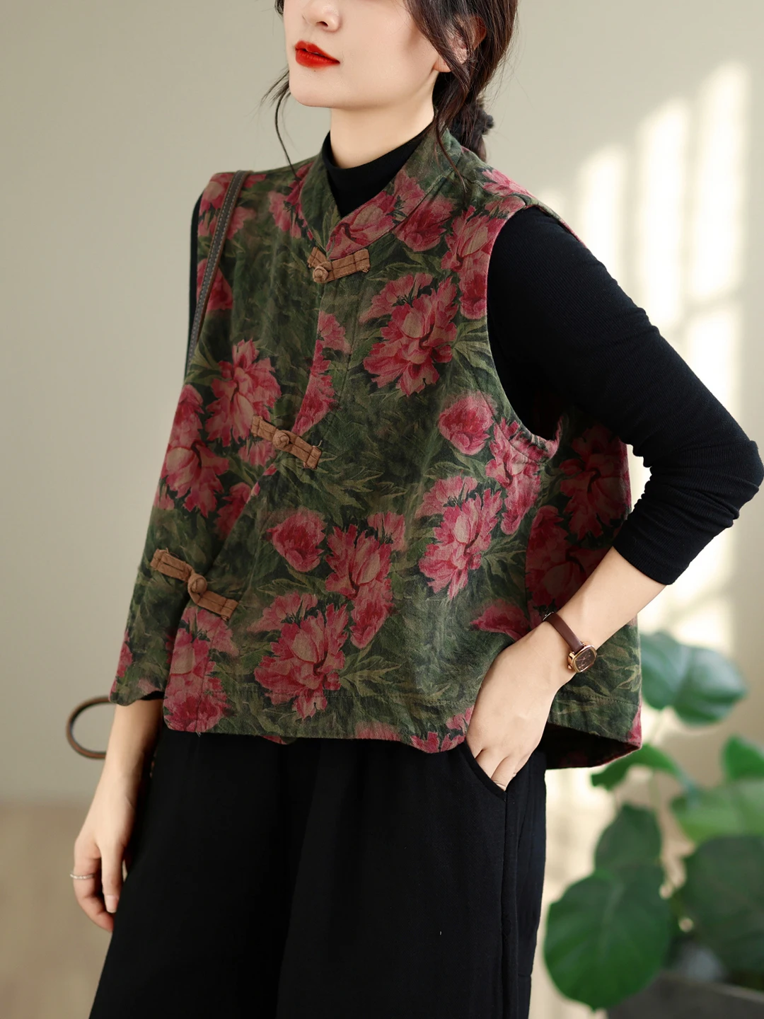Retro Print National Style Buttonless Sleeveless Vest Women's Early Autumn Casual Harlan Pants Versatile Loose Fit Outerwear