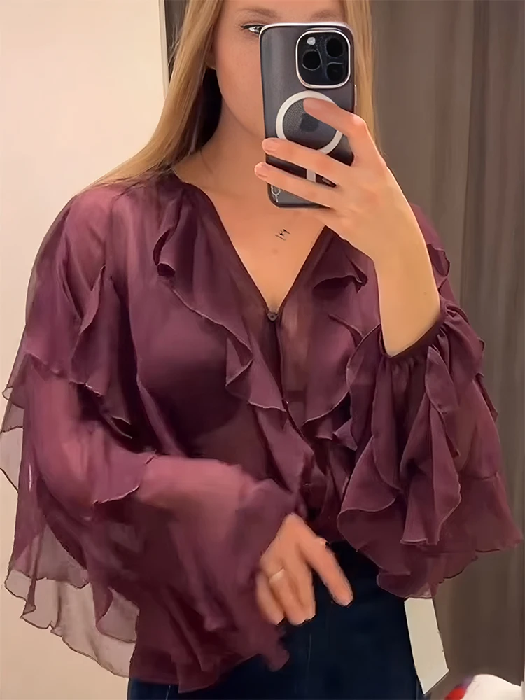 Elegante effen laag ruches V-hals losse shirts nieuwe dames bordeaux lange mouwen gaas blouse 2025, nieuwe lente casual pendeltop