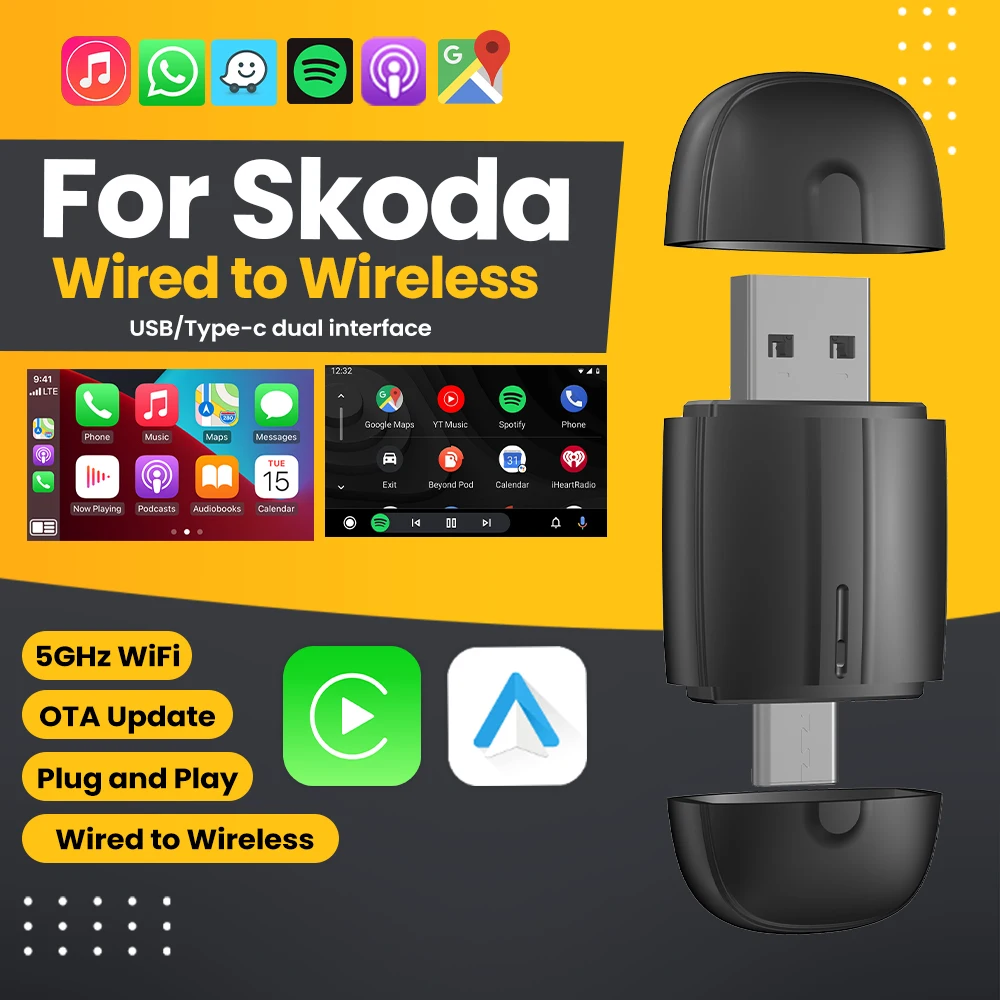 Wireless Android Auto Adapter CarPlay Adapter USB Type-C 2 In 1 For Skoda Yeti Fabia Octavia Rapid Superb Karoq Kodiaq Scala