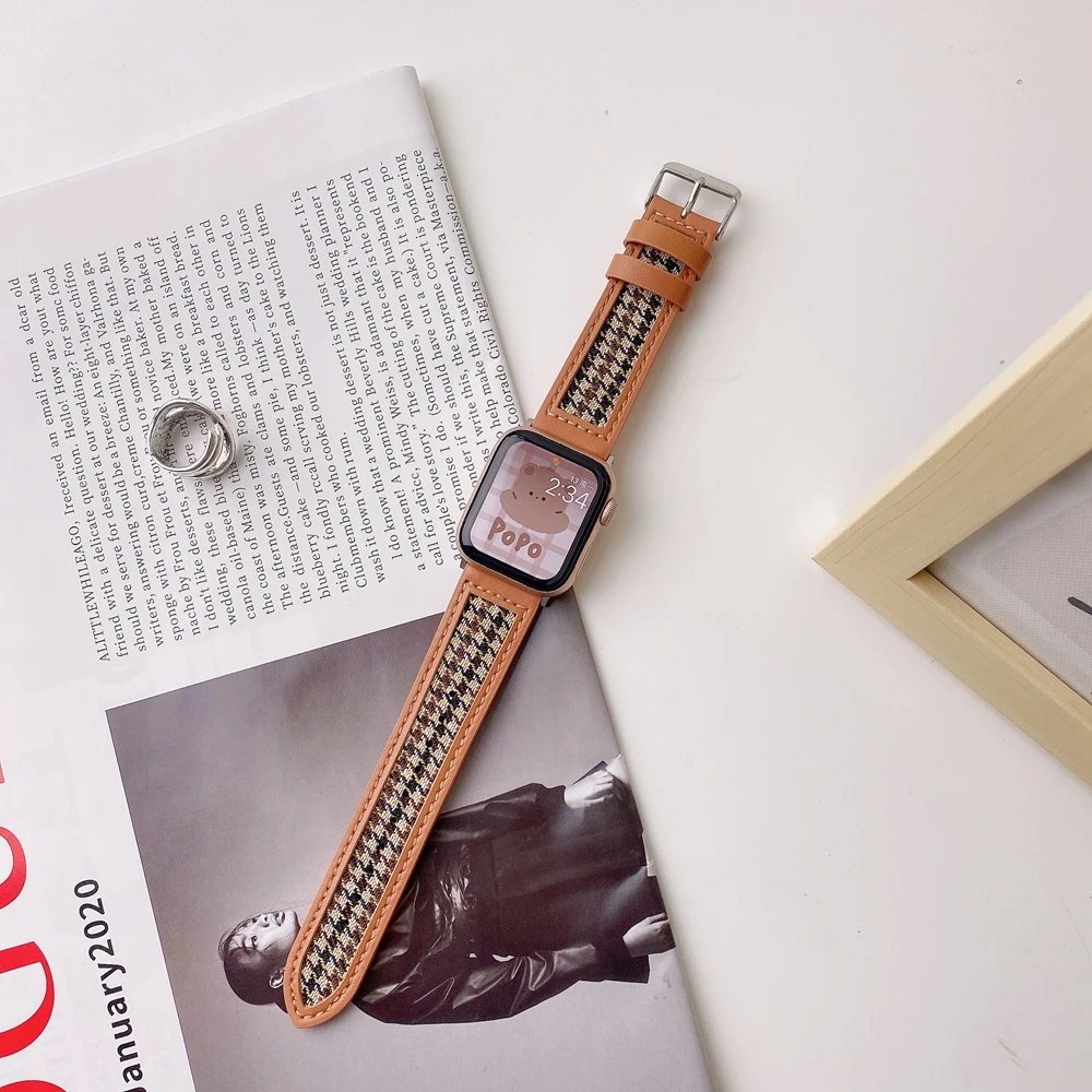 Houndstooth و الجلود حزام ل سوار ساعة يد آبل 38 مللي متر 42 مللي متر 40 مللي متر قماش حلقة SE1 2 3 4 5 6 7 ل iwatch 44 مللي متر 45 مللي متر 41 مللي متر المعصم كوريا