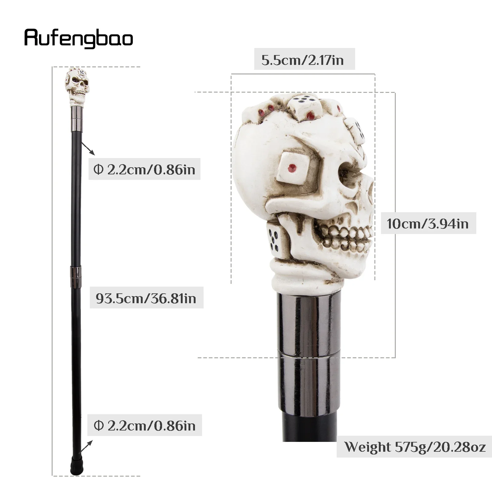 White Resin Dice Skull Head Walking Cane Fashion Stage Cane Decorative Stick Halloween Cosplay And Parties, For Cosplay & Party view 2