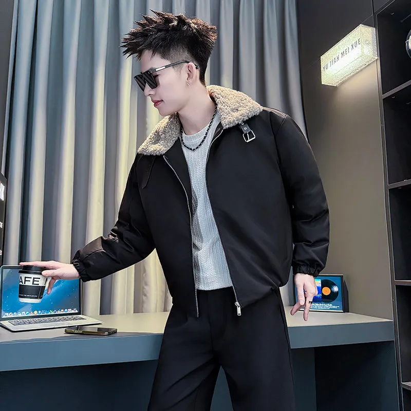 

Men's ort Thiened Cotton Jaet Coat with Fur Collar S Size Youth Faion Warm Stand Fit Long Sve Pure Color Casual