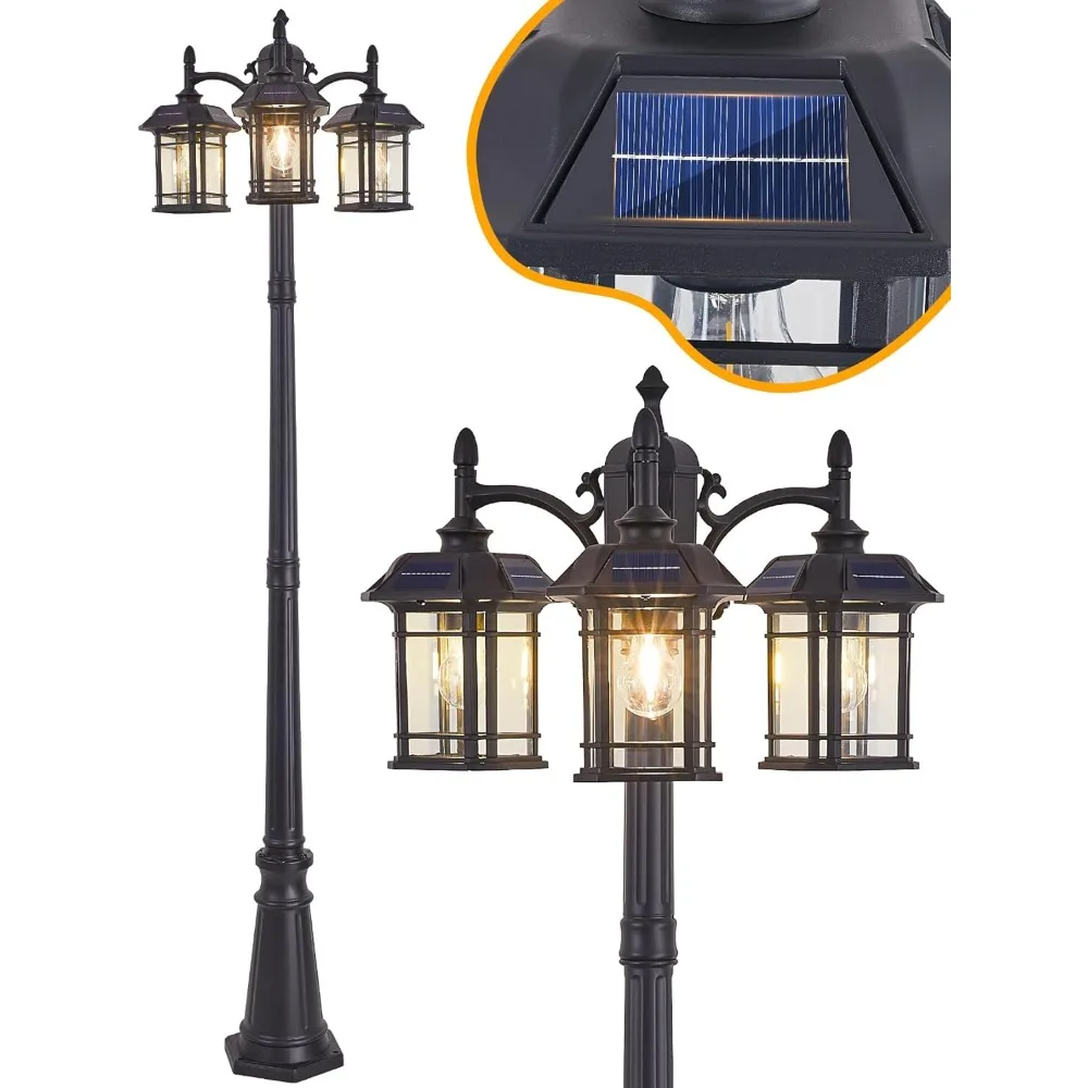 

Solar Powered Outdoor Post Light 82.7" H 3-Headed Lamp Post with Dusk to Dawn Sensor Pole Street Lantern 3 Light Black Outdoor L