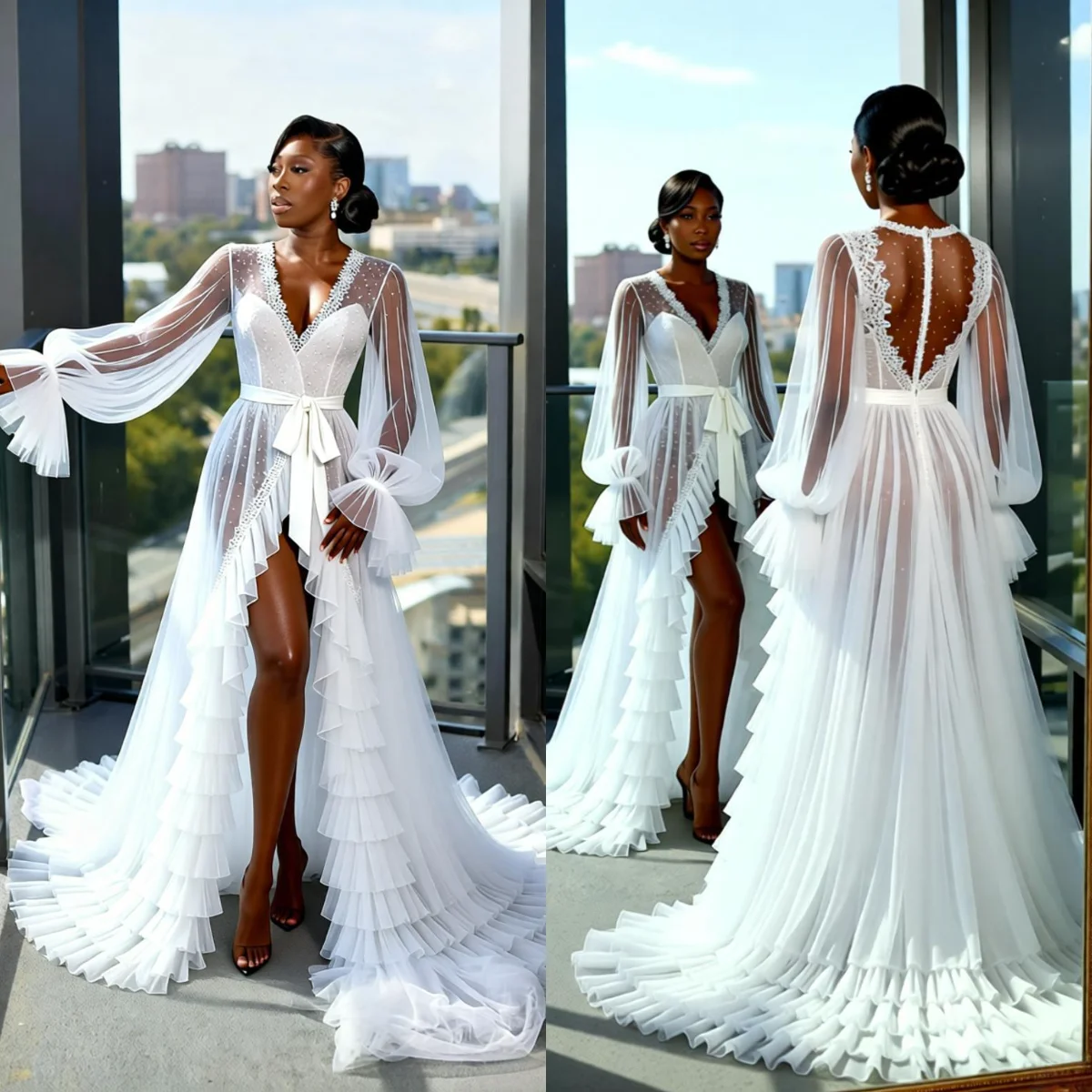 كم طويل الزفاف رداء الدانتيل الكشكشة تول برنس حمام نسائي حفل زفاف ثوب النوم أفريقيا الزفاف دش العباءات حسب الطلب