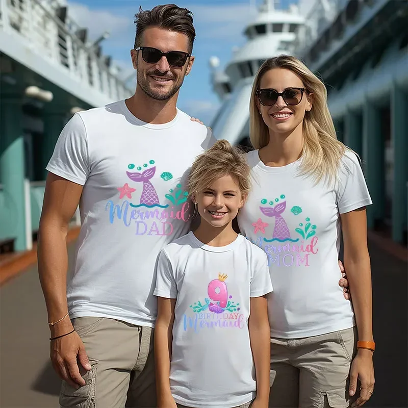 1 2 3 4 5 6 7 8 9 10 Years Old Matching Family Tees Girls Birthday Party T-shirt Funny Mermaid Tops White Unisex Kids Clothing