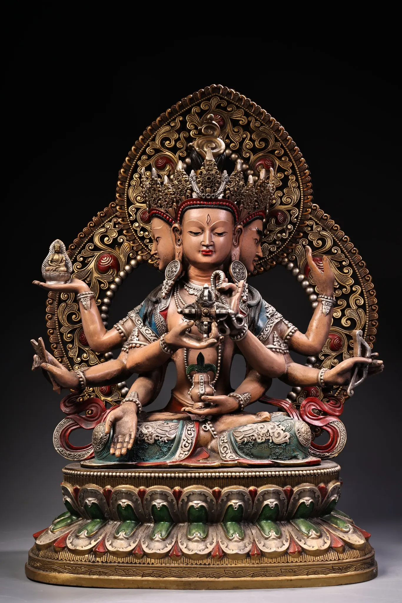 

20"Tibetan Temple Collection Old Bronze Painted High Relief Namgyalma Sitting Buddha Backlight Lotus Terrace Worship Hall