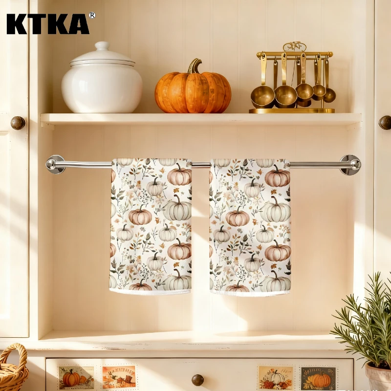 2-Pack White Pumpkin Floral Autumn Kitchen Towels, Absorbent Cleaning Cloths, Autumn Harvest Hand Towels, Autumn Decorations, Thanksgiving Decorations, Thanksgiving Gifts, Farmhouse Washable Seasonal Table Napkins