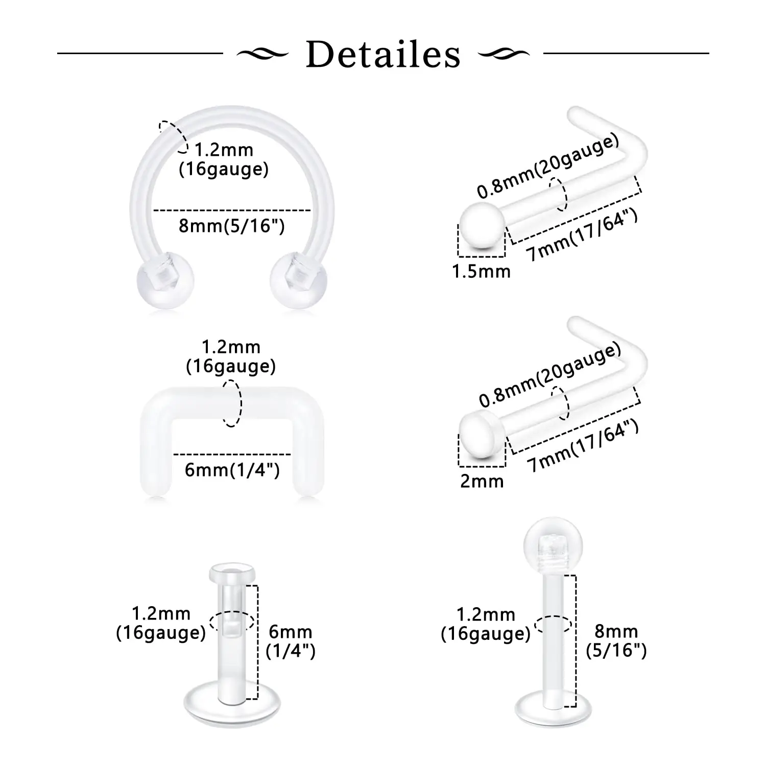 20g 16g 14g Clear Septum Nose Hoop Rings for Work Surgery Bioflex Cartilage Tragus Helix Earrings Plastic Tongue Lip Piercing