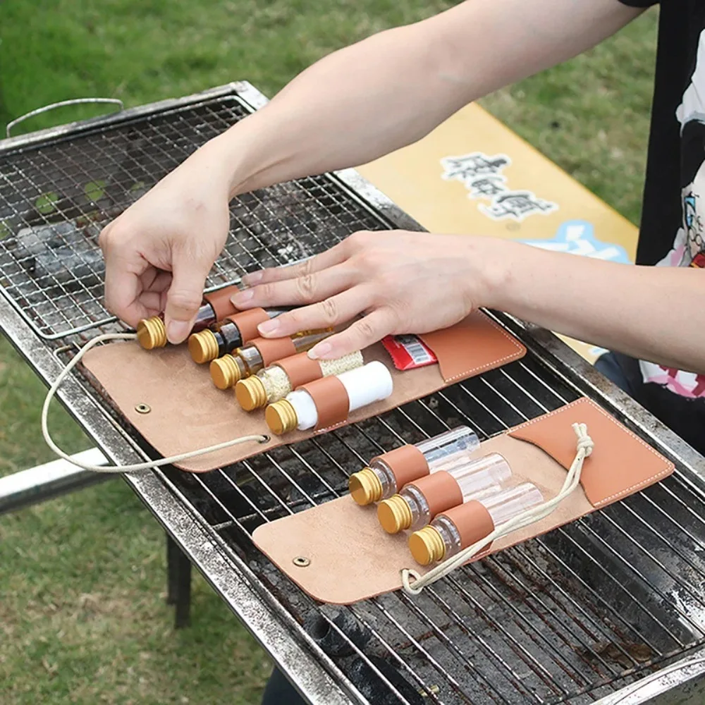 Portable Leather Waterproof Camping Hiking Picnic BBQ Barbecue Seasoning Bottle Storage Bag Outdoor Camping Spice Bottle Se