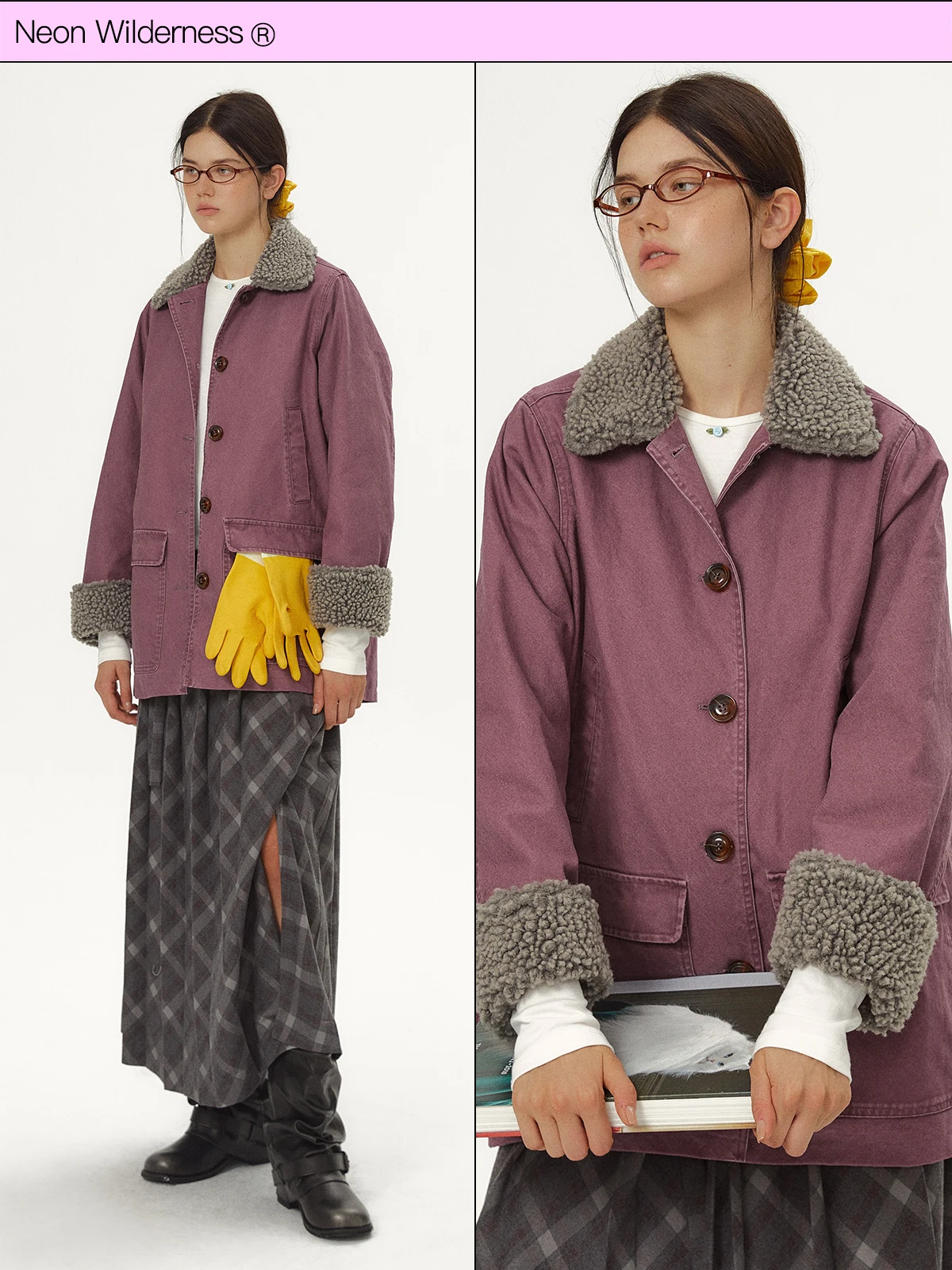 

Neon Wildern Vintage Waed Purple Lamb Fur Collar Workwear Long Sve Jaet Loose Fit Commute Sle Single Button Closure