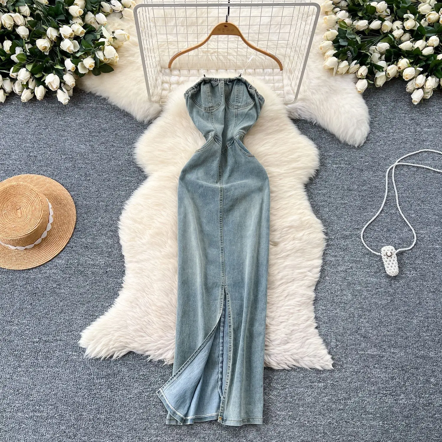 

American Retro Hot Girl Denim Halter Dress,new Summer Design Sense Cinched Waist, Slim-fit Slit and Strapless Denim Long Dress