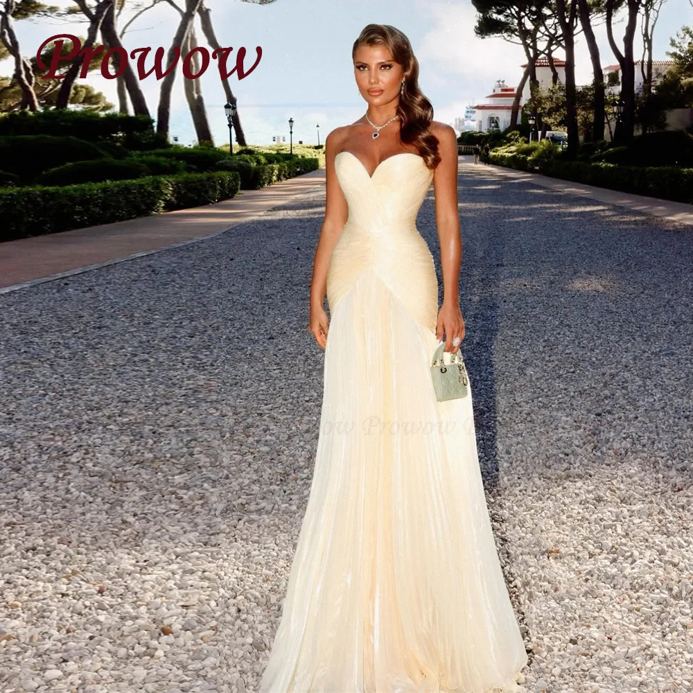 

Prowow Elegant Mermaid Yellow Prom Dresses Sweetheart Pleats Sleeveless Party Dresses Floor-Length Evening Gowns Customized