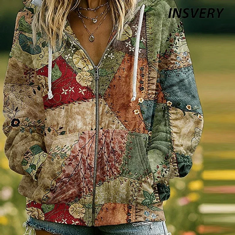 

Модное пальто на молнии с капюшоном, осень-зима, женские повседневные толстовки с цветочным принтом, куртка, женское пальто, толстовка с длинными рукавами, верхняя одежда