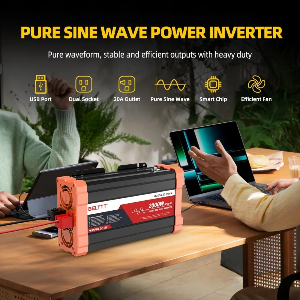 2000W Pure Sine Wave Inverter, Car Power Inverter 12V To 120V AC Converter,Dual AC and 20A Socket, 5V 2.1A USB, Surge 4000W