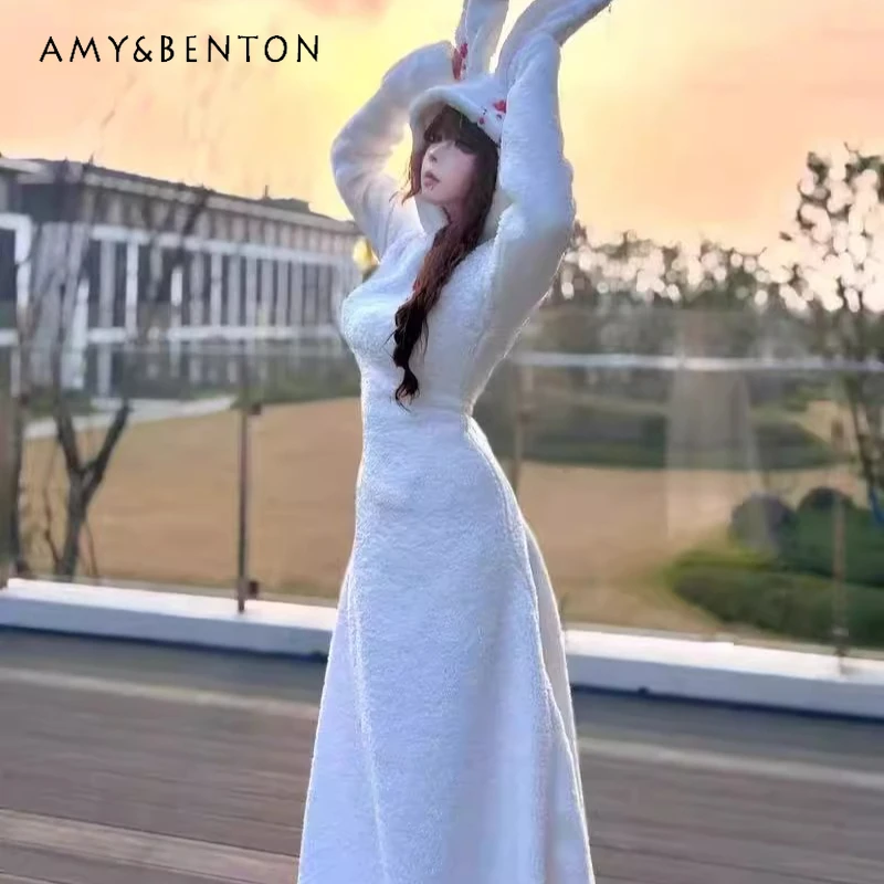 

Original Design Pure White Gothic Three-Dimensional Drop Ear Hooded Women's Gown Autumn Winter Plush Floor-Length Dress Ladies