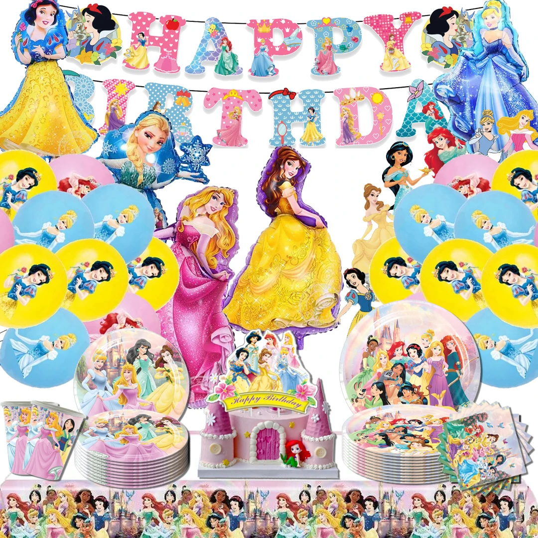 Cute Princess Birthday Party set dinnerware Banner Cake Disposable Topper Hanging Flag Cinderella Balloons Birthday Decoration