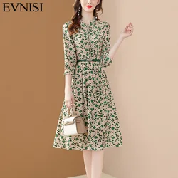 EVNISI Chiffon Dress Women Puff Sleeve Elegant Big Swing Spring Dresses Slim With Belt  A-line Dresses For Women Party Vestidos