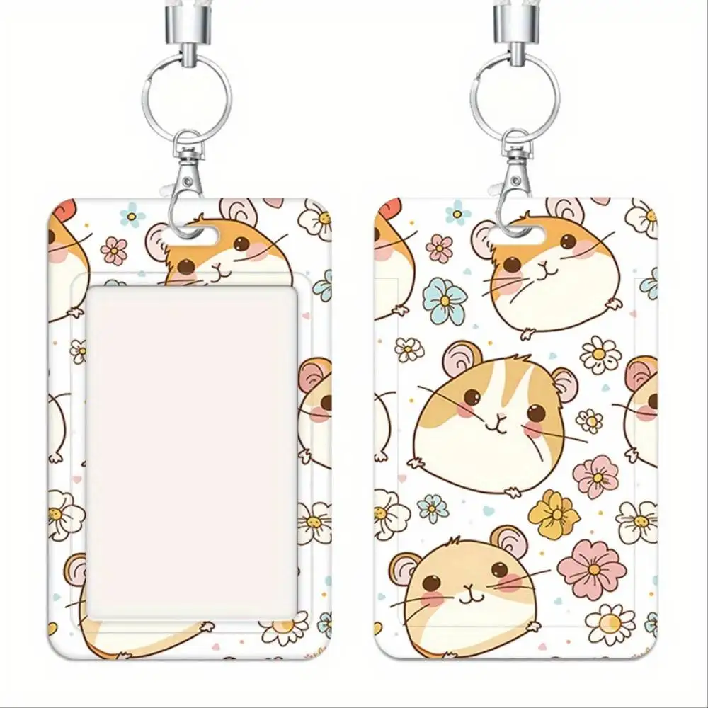 Cartoon Hamster ID Card Holder Plastic 2 Card Case Floral Scratch Resistant For Doctor Nurse Student Staff Bank Card