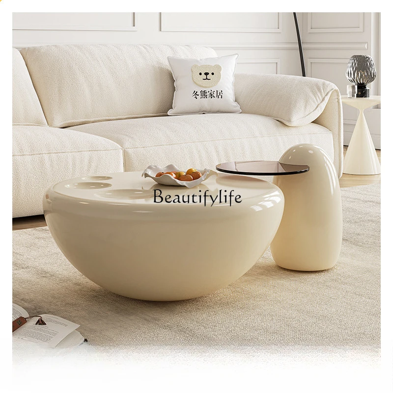 Cream wind round living room modern simple Nordic light luxury coffee table size glass round coffee table