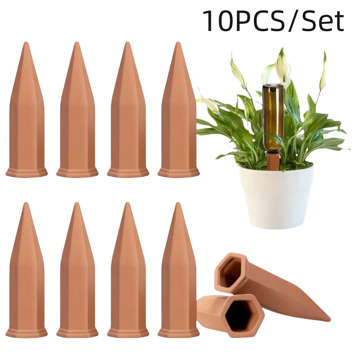 

10Pcs Self-Watering Spikes Hexagonal Terracotta Watering Stakes Auto-Water Device, Planter Insert for Indoor & Outdoor Plants
