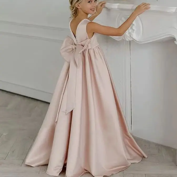 

Elegant Satin Flower Girl Dresses For Wedding Bridesmaid Prom Gown Big Bow Girls Party Dress Kids First Communion Formal Evenin