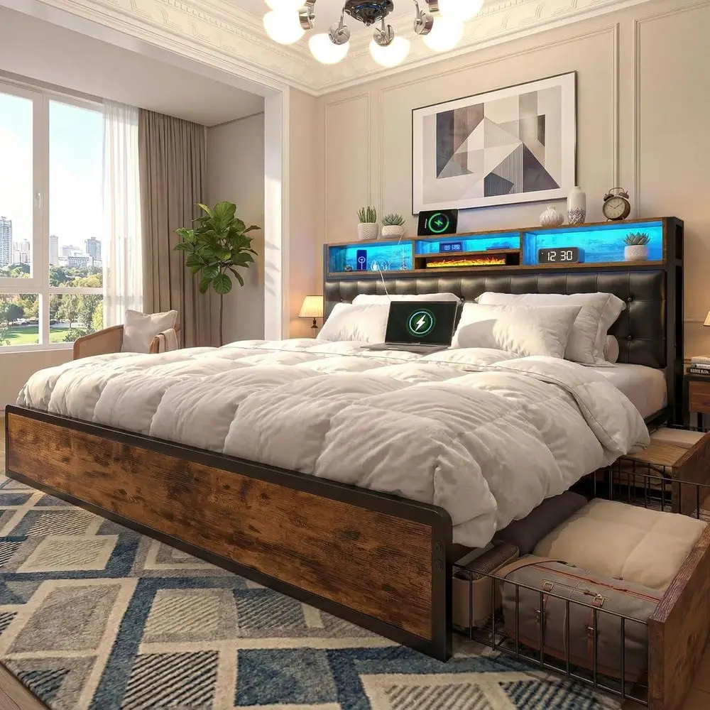 

Vintage Brown King Size Upholstered Bed with 4 Storage Drawers, LED Lights, Charging Ports, and Heavy Duty Metal Slats