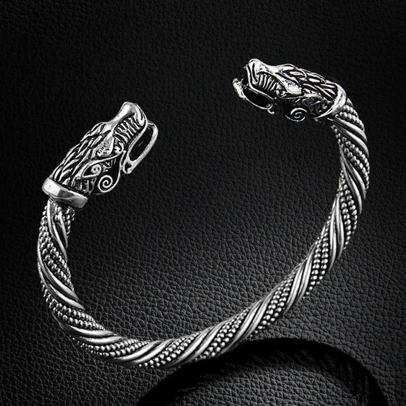 Classic Animal Viking Double Wolf Head Adjustable Bracelet Men Stainless Steel Bracelet Fashion Double Snake Heads Jewelry Gift