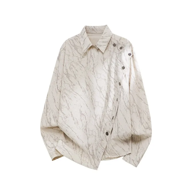 Men New Chinese Ink Print Long Sleeve Shirt Loose Asymmetric Button Lapel Textured Blouse For Spring Autumn