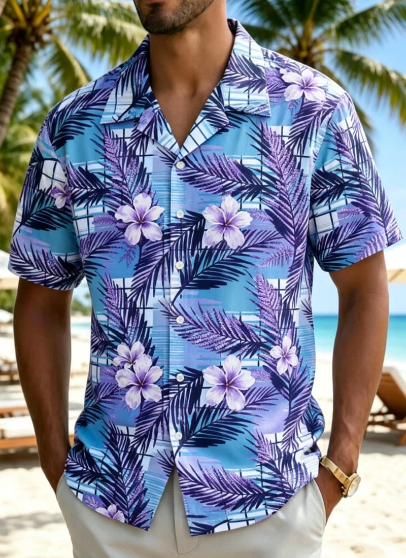 Men's Retro Botanical Grid Print Shirt, Ethnic Art Style for Summer Party, Garden Events, Daily Commute & Casual Wear