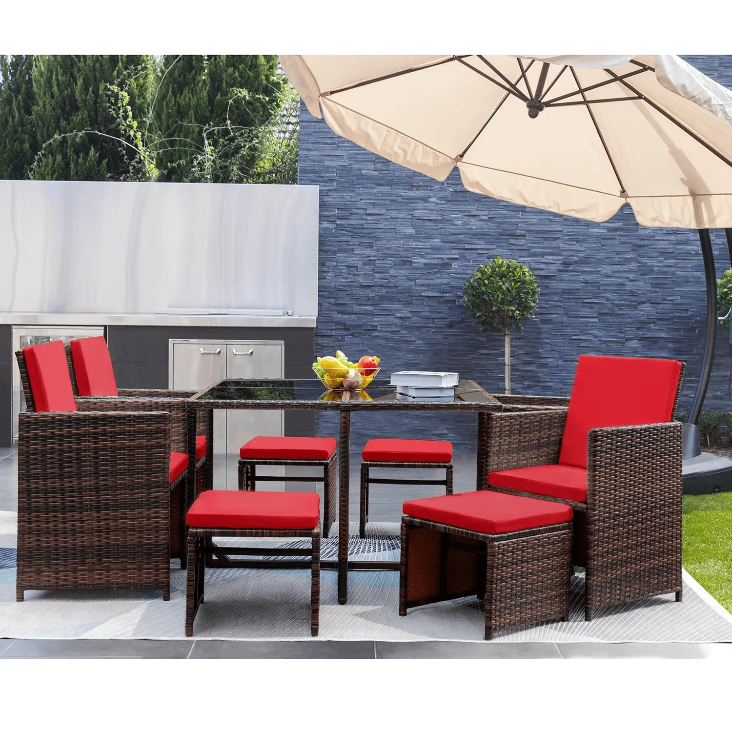 9 Pieces Patio Dining Sets Outdoor Wicker Rattan Chairs and Tempered Glass Table Sectional Conversation Set with Ottoman