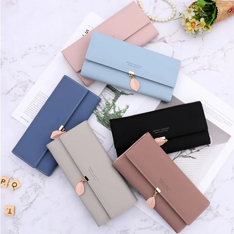 

PU leather long and short wallets, fresh three-fold personalized leaf pendant, multi-functional large-capacity travel clutch