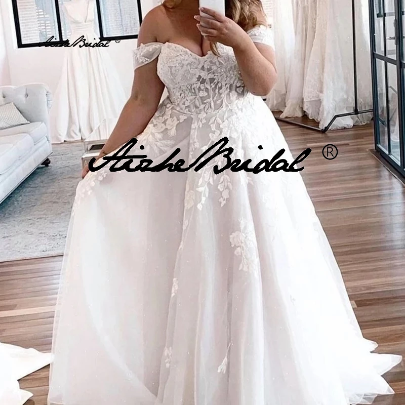 Off the Shoulder Plus Size Wedding Dress A-Line Sweetheart Floor Length Lace Appliques Charming Pleat Women Big Bridal Gown