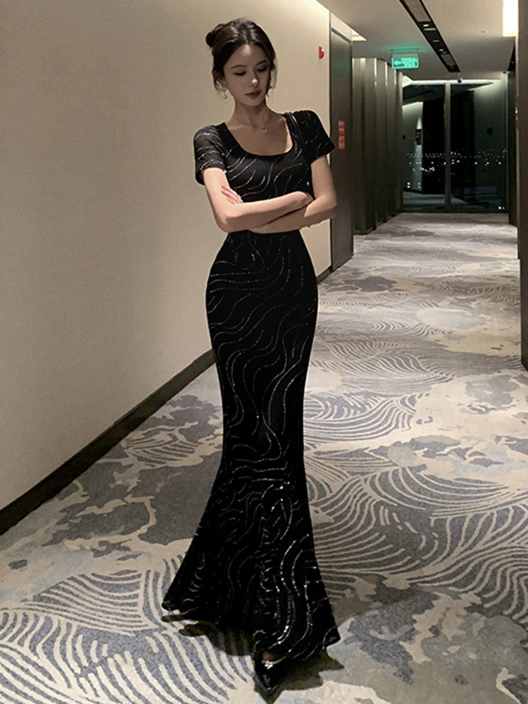 French Style Elegant Party Dress Women Celebrity Fashion Black Bright Rhinestone Long Fishtail Robe Female Evening Prom Vestidos
