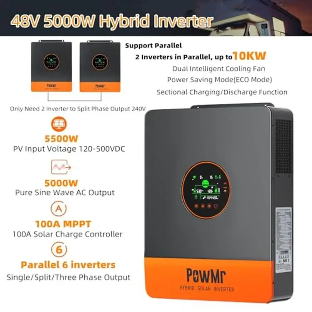 5000W Split Phase Pure Sine Wave Solar Inverter with 100A MPPT Controller Hybrid Power System LCD Display Anti-Corrosion Design