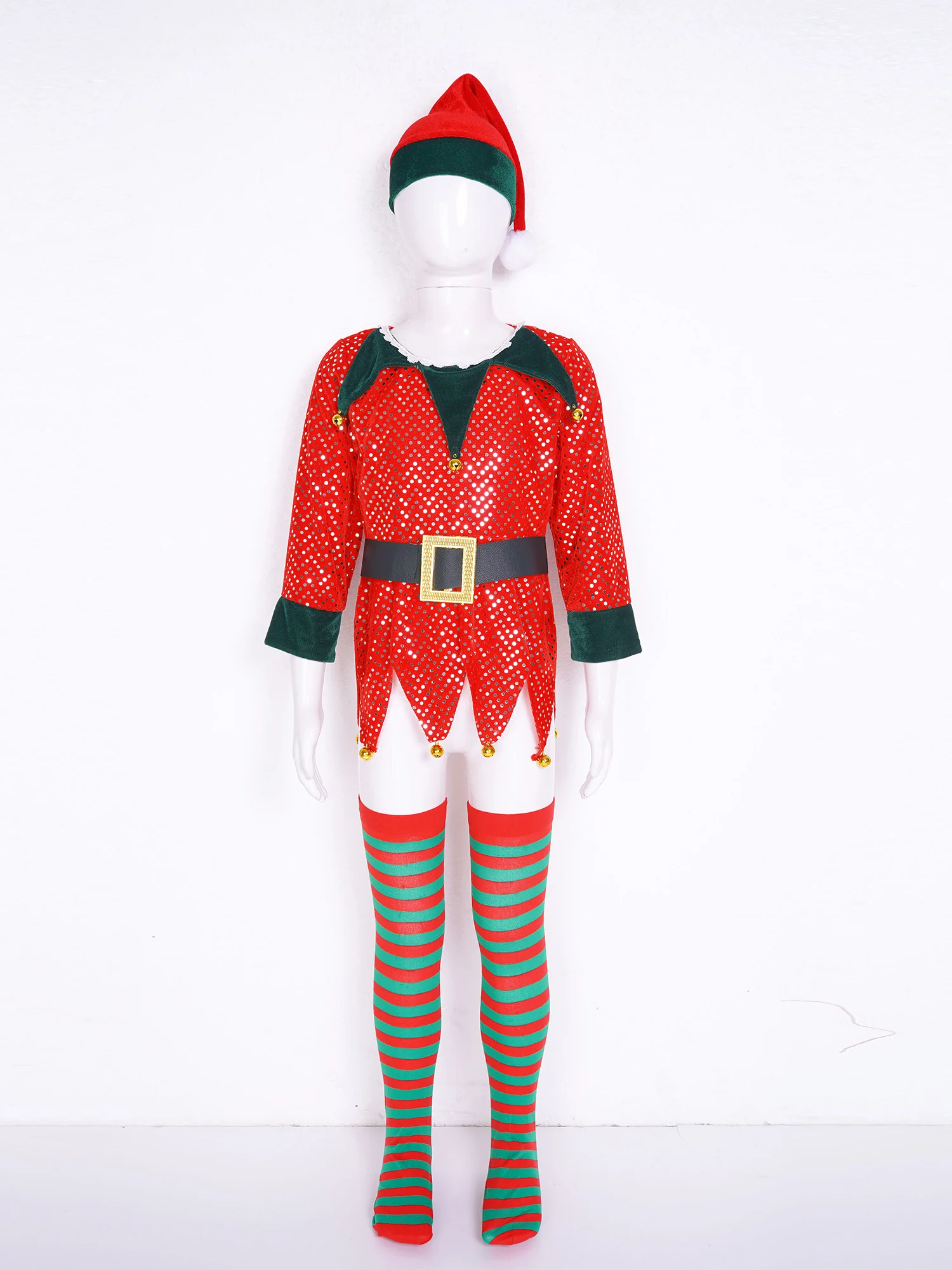 Children Christmas Elf Cosplay Costume Sequin Velvet Dress with Santa Hat Striped Stockings Xmas Party Stage Performance Outfits