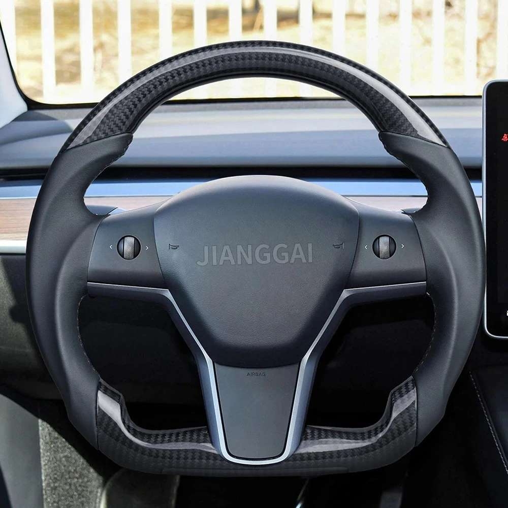 

Dry Carbon Fiber Steering Wheel D-Type Flat-Bottom Black Stitch For Tesla Model 3 2016-2022 Black Smooth Leather Car Accessories