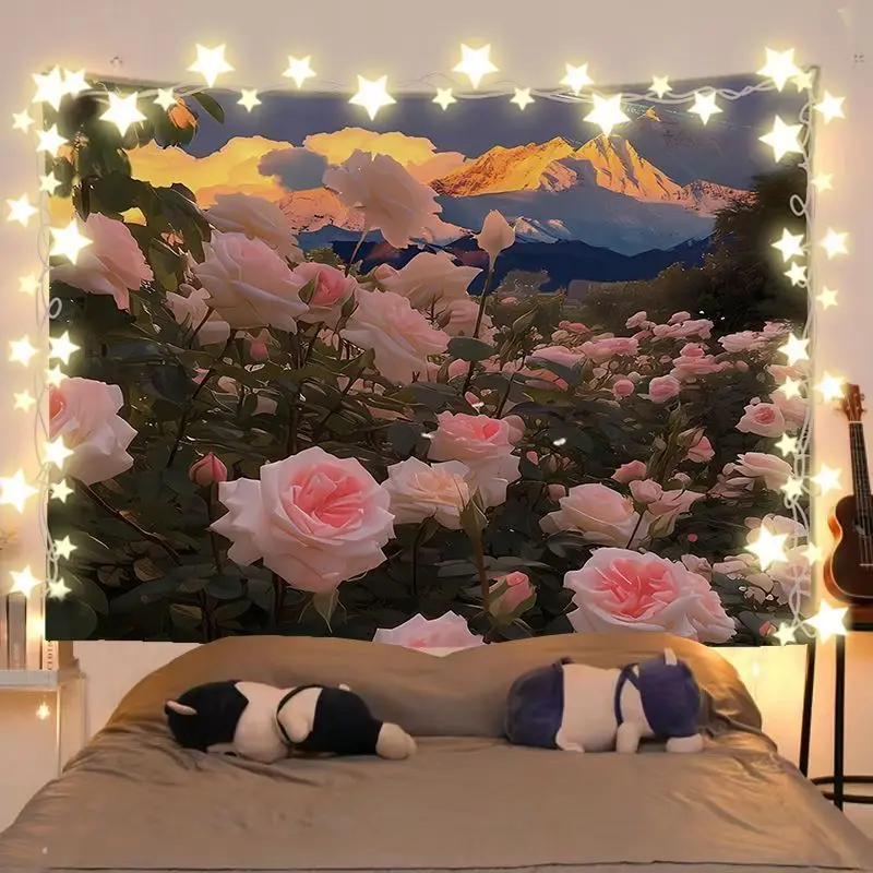 VIKAMA Pink Rose Bridge Valley View Horizontal Tapestry Wall Hanging for Bedroom Aesthetic Cozy Trendy Simple Chic Home Decor