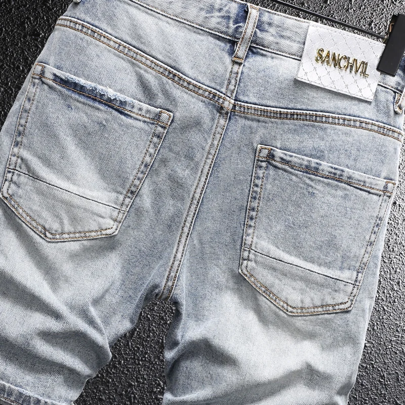Summer Designer Fashion Men Jeans Retro Blue Stretch Slim Fit Ripped Denim Shorts Men Patched Hip Hop Y2K Vintage Shorts Hombre