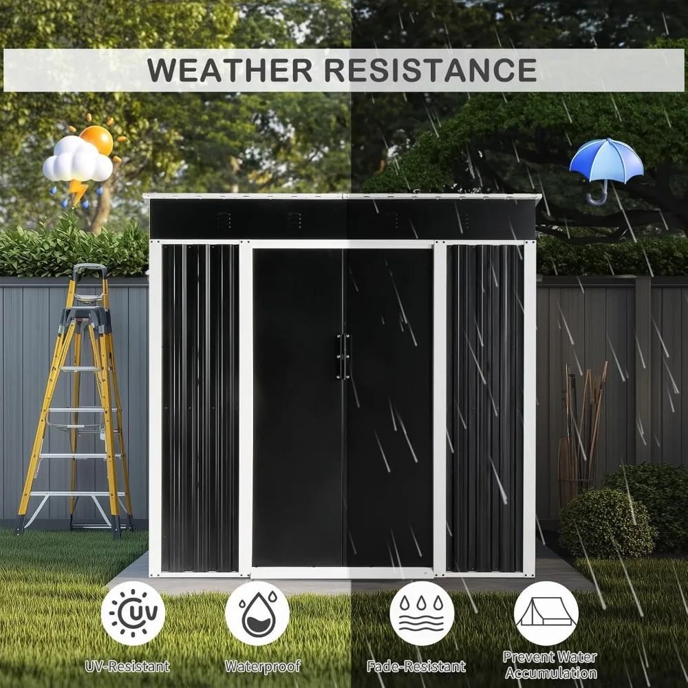سقيفة تخزين معدنية خارجية مقاومة للعوامل الجوية مقاس 6 × 4 أقدام مع باب قابل للقفل وسقف مائل للفناء والأدوات