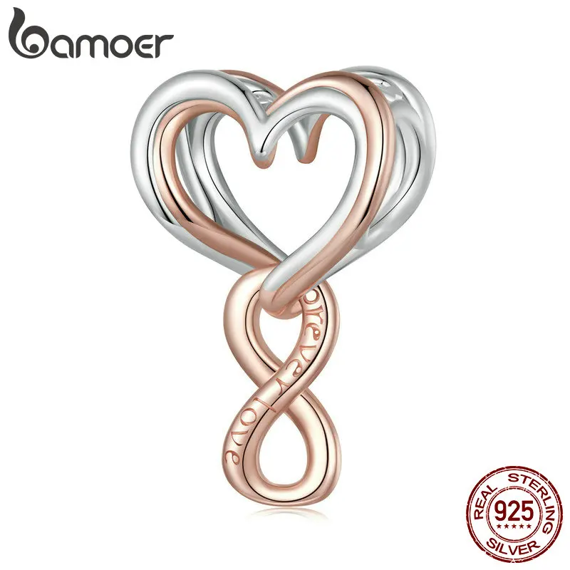 BAMOER 925 Sterling Silver Two-tone Heart Beads Rose Gold Infinite Love Charm for Women Original Bracelet & Bangle Fine Jewelry