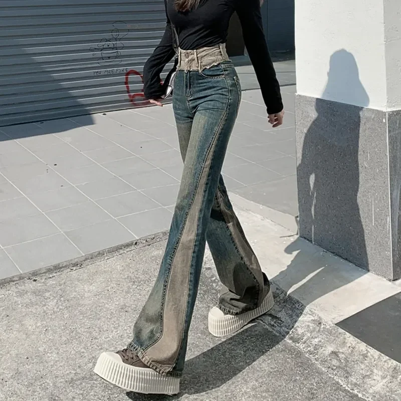 

Contrasting Colors Patchwork Slim Bootcut Trousers Women's Clothing American Denim Pants Vintage Fashion High Waist Aura Jeans